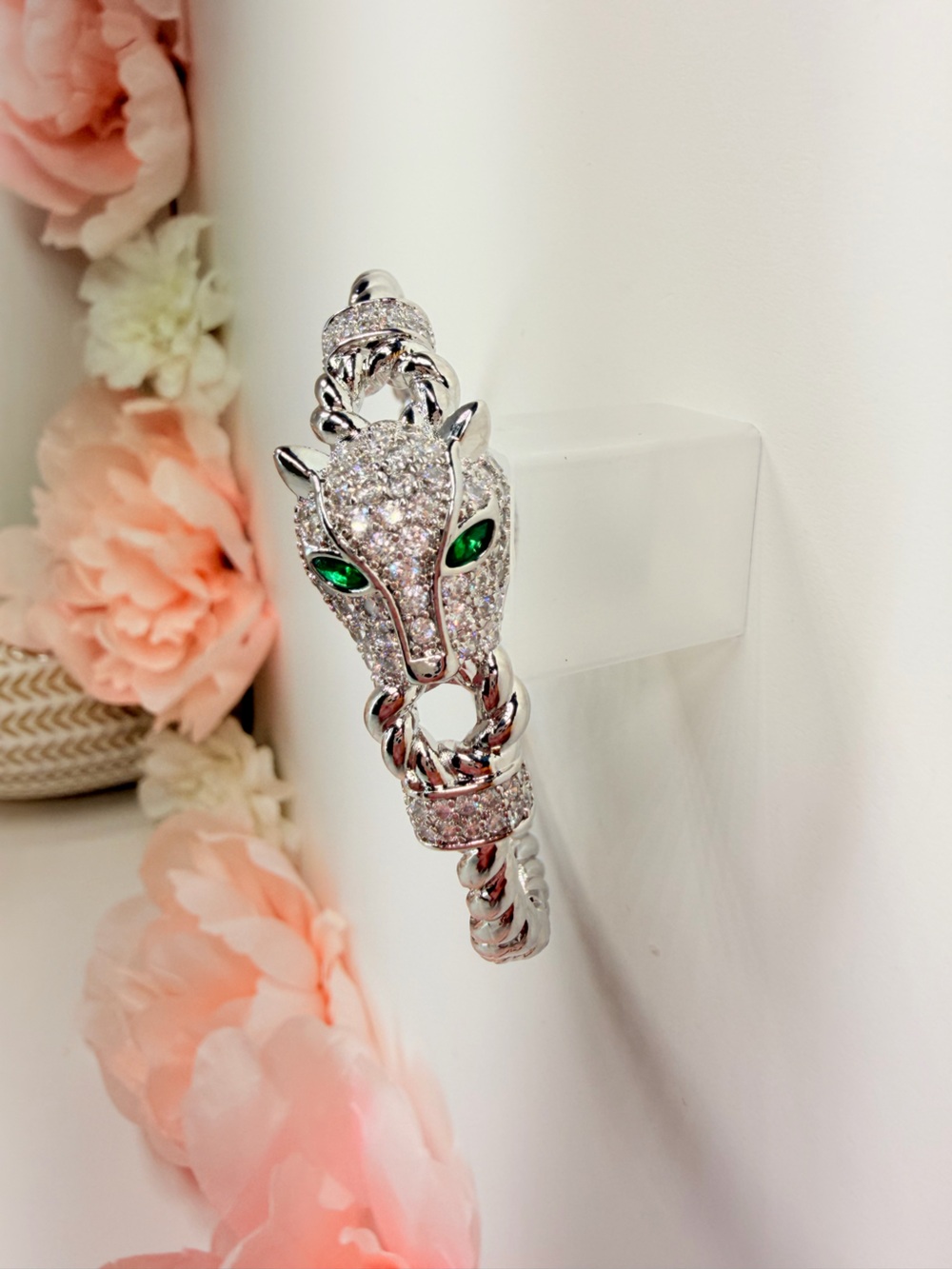 14k gold, plated Silver Crystal Panther Bracelet with Green Eyes